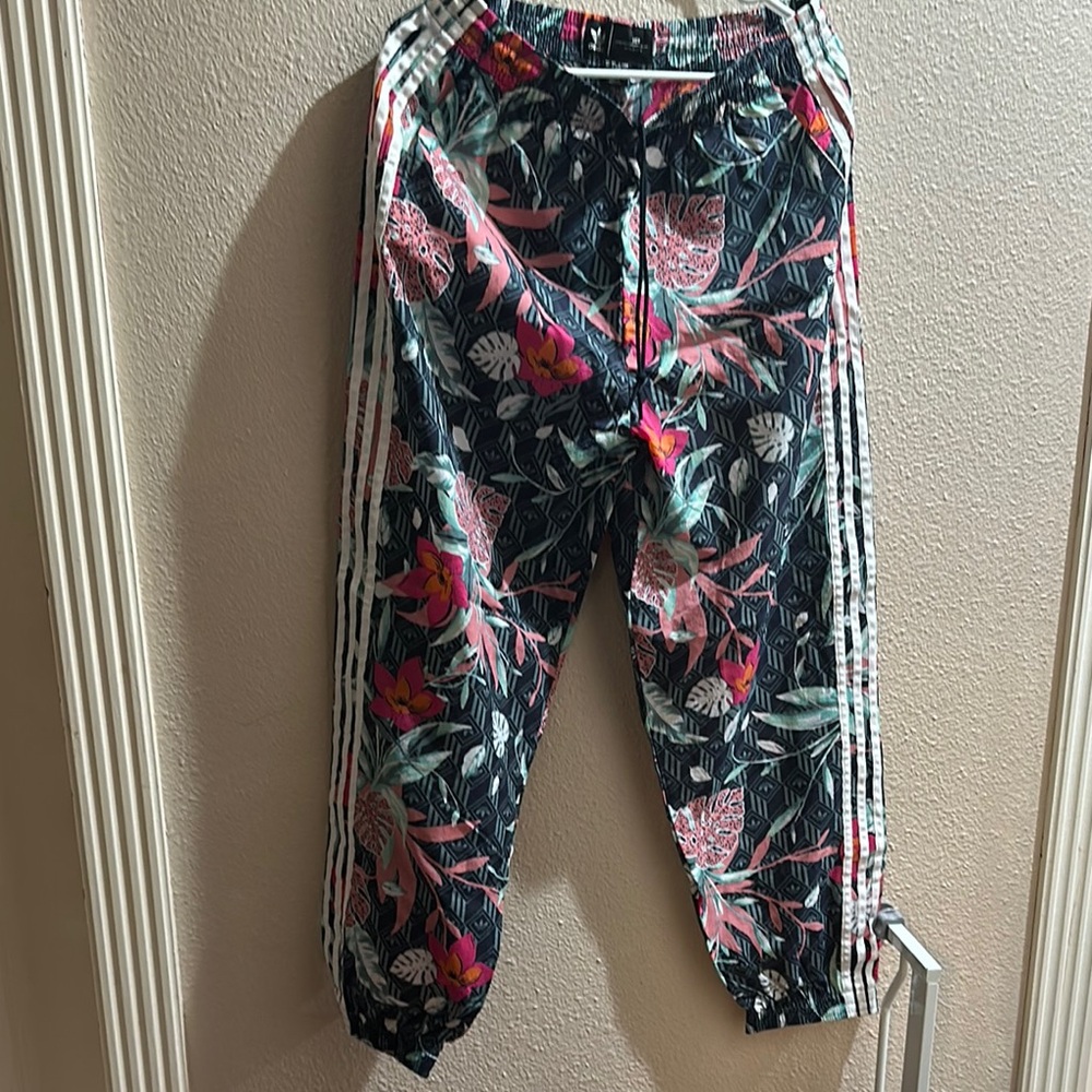 adidas Pink and Blue Track Pants with Floral Pattern